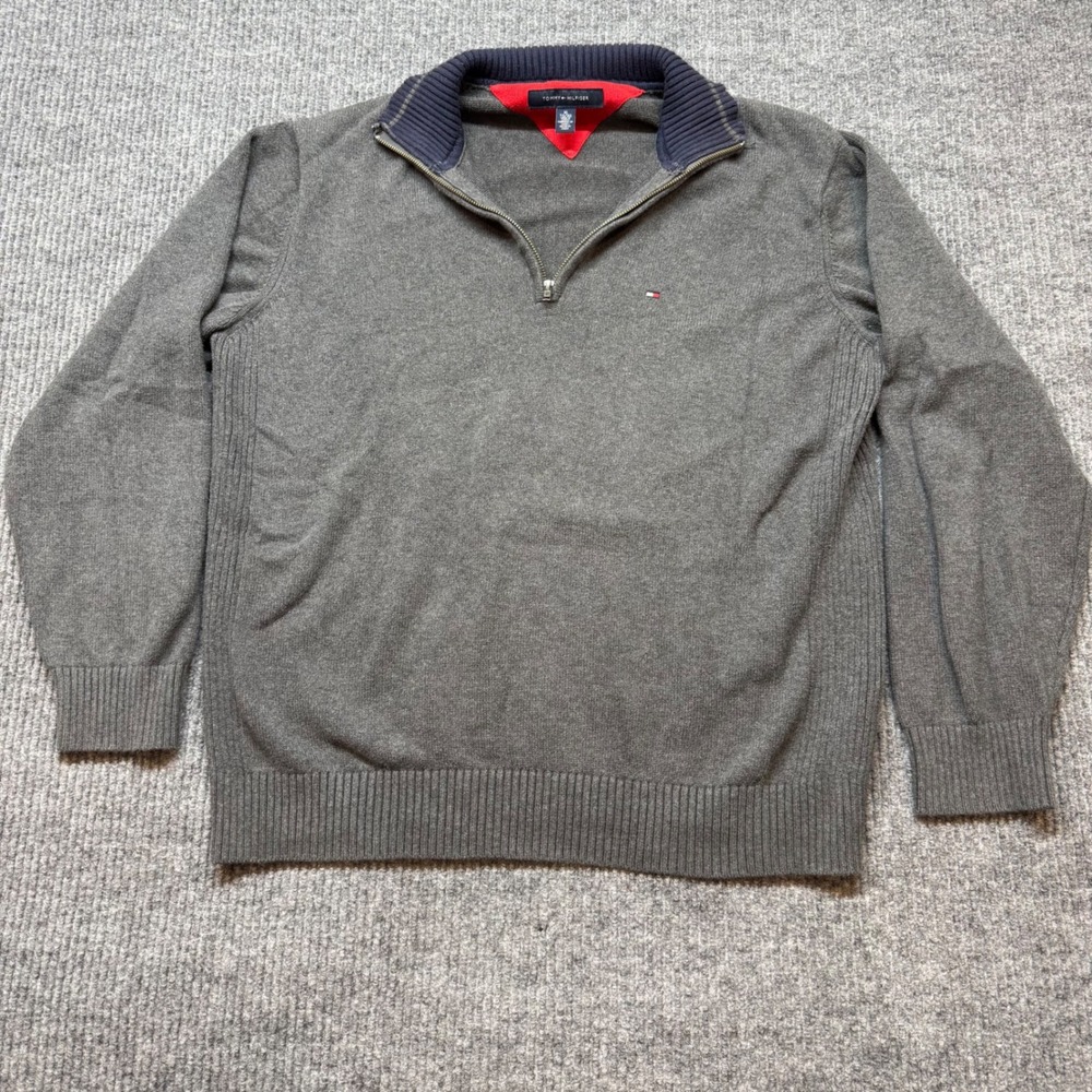 Tommy Hilfiger Mens XL Gray 1/4 Zip Cotton Knit Pullover Sweater Mock Neck Logo